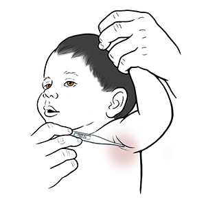 Closeup of adult raising baby's arm to place digital thermometer in armpit.