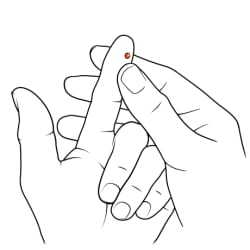 One hand squeezing drop of blood from index finger on other hand.