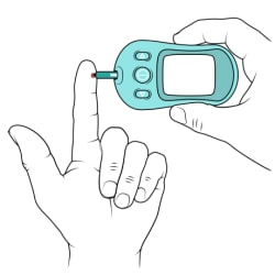 One hand holding glucometer with test strip touching drop of blood from index finger on other hand.
