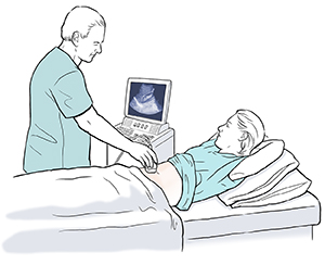 Health care provider doing ultrasound exam on pregnant woman.