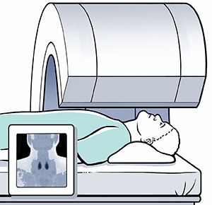 Man lying on table under gamma camera. Inset shows sestamibi scan.
