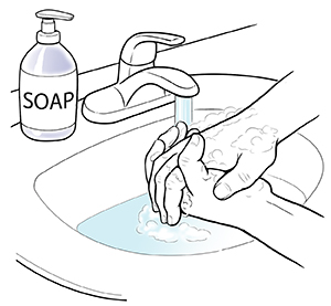 Washing hands with soap in sink.