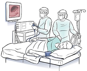 Two doctors performing sigmoidoscopy on patient lying on side. 