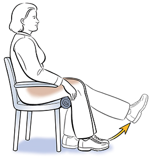 Side view of seated woman doing knee bend exercise.