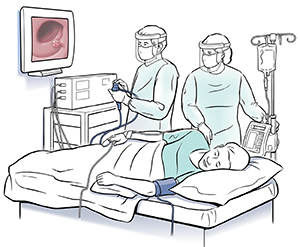 Two healthcare providers performing sigmoidoscopy on patient lying on side.Two healthcare providers performing sigmoidoscopy on patient lying on side.
