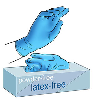 Box of latex-free, powder-free gloves and hand wearing glove.