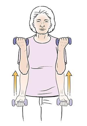 Woman doing biceps curl exercise with hand weights. 