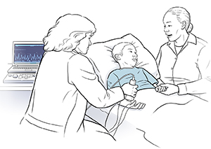 Child in hospital bed. Health care provider is holding an EMG device against child's forearm.