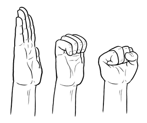 View of a hand doing a tendon glide exercise in three steps.