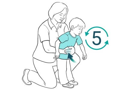 Adulto arrodillado detrás del niño y adulto rodeando la cintura del niño con los brazos mientras empuja con el puño cerrado la parte superior del abdomen del niño, con la otra mano plana sobre el puño. La flecha muestra al adulto presionando hacia dentro y hacia arriba con el puño.