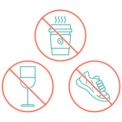 Íconos de copa de vino, taza de café y zapatillas, cada una con una señal de prohibición.