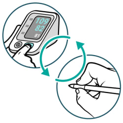 Un dedo presiona el botón de inicio en la pantalla del tensiómetro para realizar la medición, y se ve una mano con un lápiz y unas flechas que indican que se repiten los pasos.