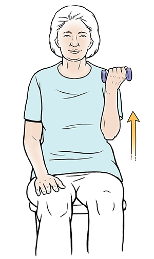 Seated woman doing biceps curl holding hand weight.