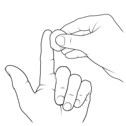 One hand holding cotton ball to left index finger on other hand.
