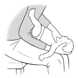 Adult sitting, holding baby face-up on forearm on thigh, with one hand under baby’s head and other hand on baby’s chest.