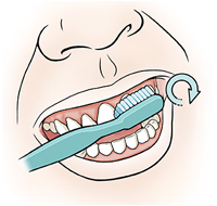 Closeup of mouth showing toothbrush brushing upper teeth.