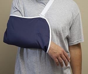 Closeup of arm in sling.