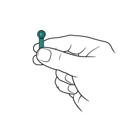 Hand holding clean lancet between thumb and index finger.