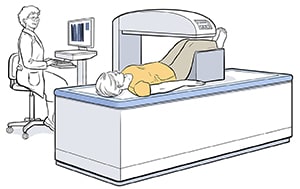 Technician preparing person for bone density scan.