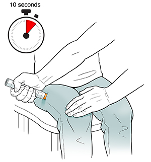Adult hand injecting child's thigh with an epi-pen.