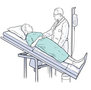 Doctor monitoring patient during tilt table test.