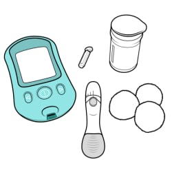 Supplies for checking blood sugar, including glucometer, lancet, lancet holder, test strips, and cotton balls.