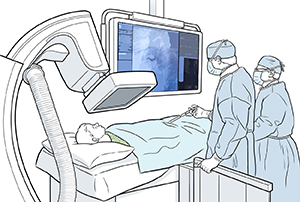 Two health care providers performing cardiac catheterization on child.